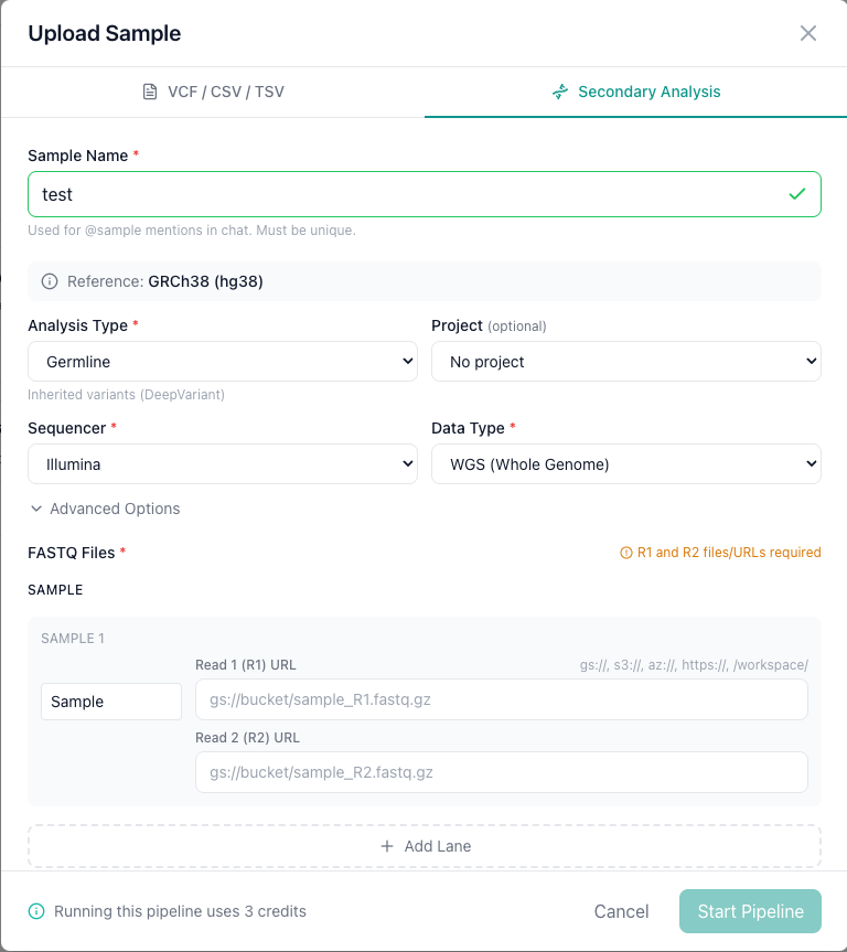 The secondary analysis upload dialog showing pipeline configuration, sequencer selection, and FASTQ URL fields