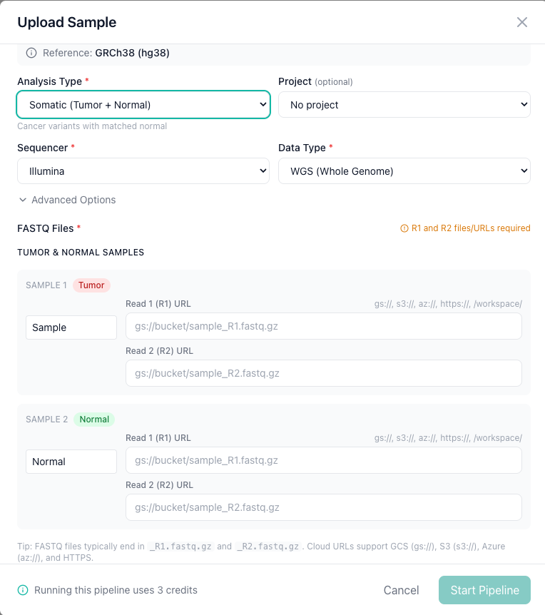 The somatic paired upload dialog showing tumor and normal sample FASTQ URL fields