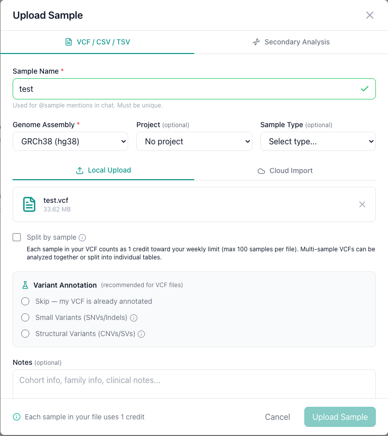 The VCF upload dialog showing sample name, genome assembly, project, file selection, and annotation options